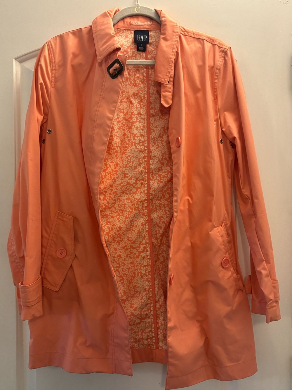 Vintage Y2K Gap Coral Orange Floral Lined Trench Coat Size S